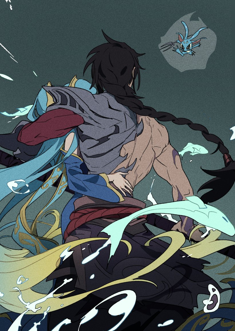 1girl 2boys arm_around_shoulder arm_tattoo black_hair blue_dress blue_hair blue_sleeves braid bubble detached_sleeves dress fish fizz_(league_of_legends) flying_fish from_behind grey_background hand_on_another's_back holding holding_weapon incoming_attack kayn_(league_of_legends) league_of_legends long_hair looking_down looking_up multiple_boys muscular muscular_male red_rope rope simple_background single_bare_arm single_braid sona_(league_of_legends) standing tattoo twintails very_long_hair water weapon zaket07
