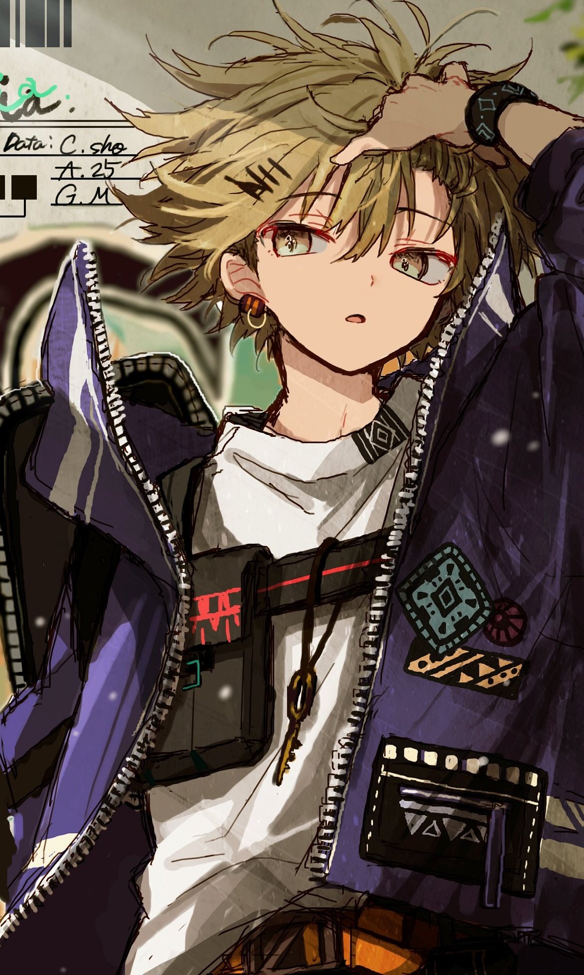 1boy ambiguous_gender arm_up azzz_(7334080) black_bag bracelet brown_eyes brown_hair earrings highres jacket jewelry long_sleeves original parted_lips shadow shirt short_hair solo upper_body white_shirt zipper