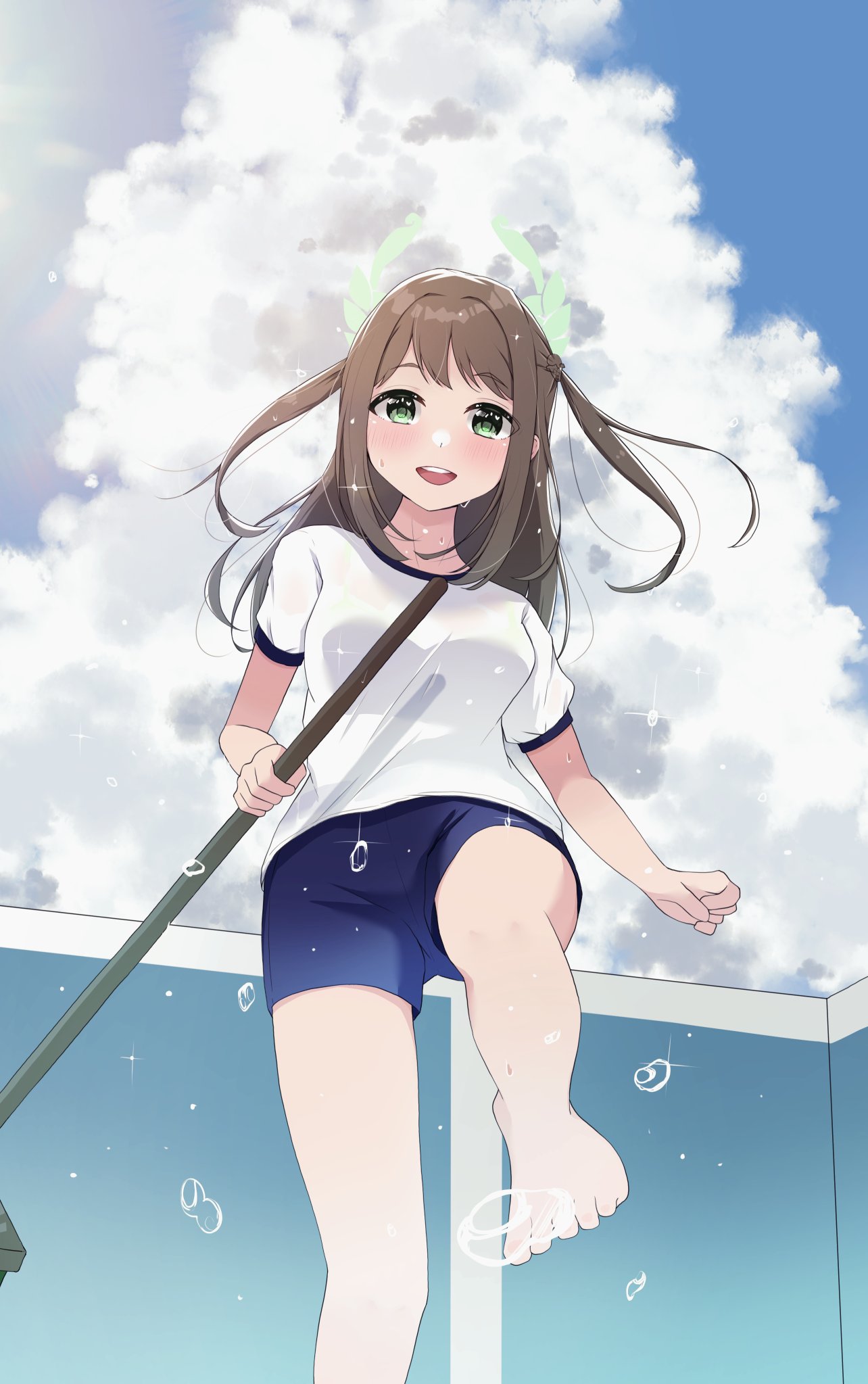 1girl airi_(blue_archive) blue_archive blue_sky blush cleaning_brush clouds flower_wreath green_eyes gym_shorts gym_uniform halo handle highres looking_at_viewer medium_hair open_clothes open_mouth open_shirt short_hair shorts sky water_drop yuzudes2