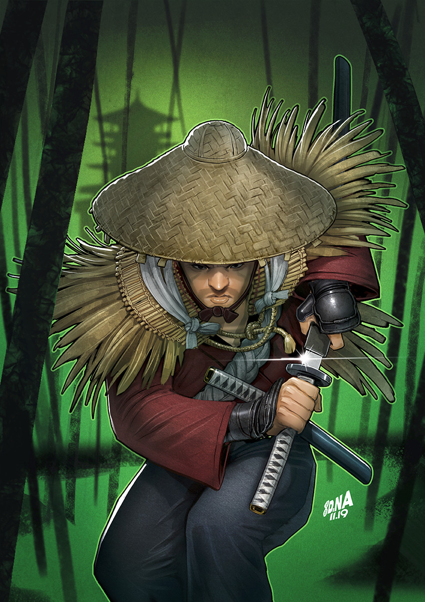 1boy 2019 architecture armor bamboo beard character_request cover dated david_nakayama east_asian_architecture facial_hair game_console ghost_of_tsushima hat highres japanese_armor japanese_clothes katana magazine_cover official_style playstation_4 production_art promotional_art samurai signature sword tree video_game weapon western_comics_(style)