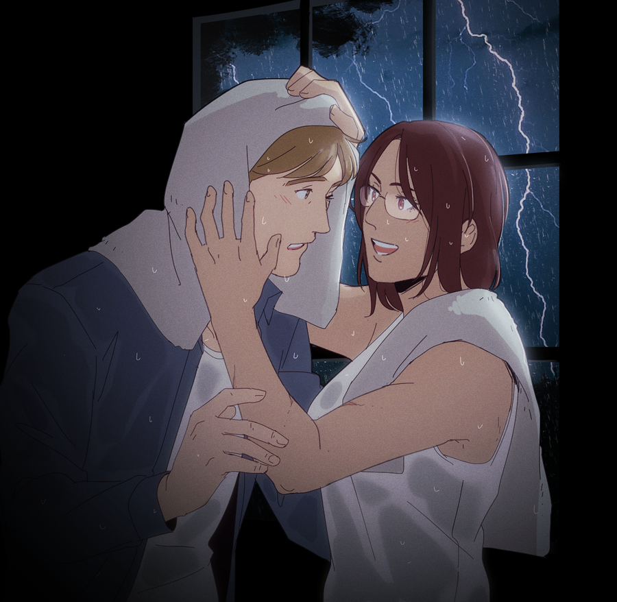 1boy 1girl alternate_breast_size breasts brown_eyes brown_hair commentary_request drying drying_hair glasses hair_down hange_zoe hanpetos large_breasts lightning moblit_berner night open_clothes open_shirt rain shingeki_no_kyojin tank_top towel towel_on_head towel_on_one_shoulder tree wet wet_clothes white_tank_top window