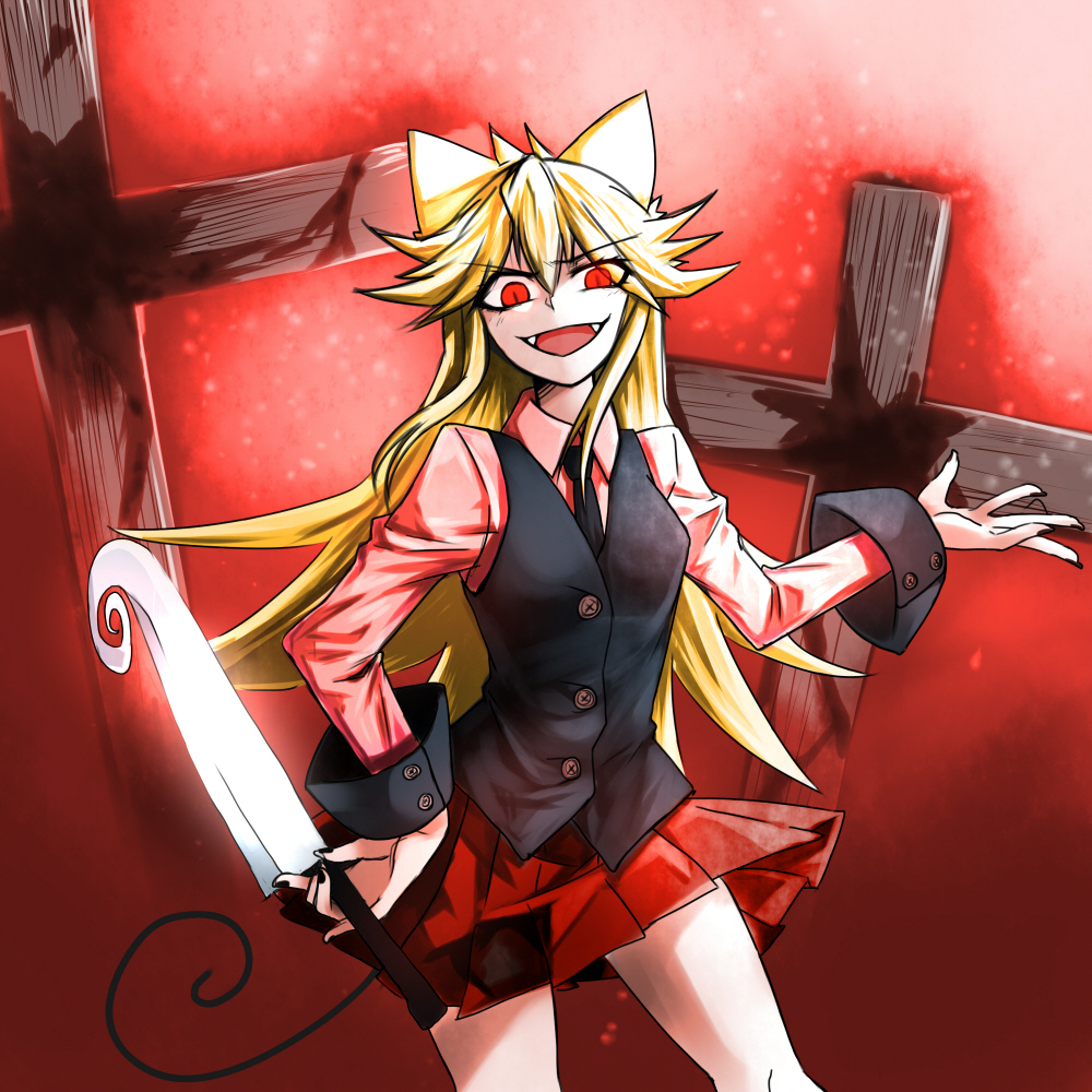 1girl :d animal_ears black_nails black_necktie black_shirt_cuffs black_tail black_vest blonde_hair breasts buttons collared_shirt commentary cowboy_shot cross crucifix curled_tail dress_shirt evil_smile eyes_visible_through_hair fangs fingernails hair_between_eyes hand_on_own_hip holding holding_knife holding_weapon inner_miniskirt karadborg knife long_hair long_sleeves looking_at_viewer medium_breasts miniskirt moge-ko mogeko_castle necktie open_hand open_mouth pleated_miniskirt pleated_skirt red_background red_eyes red_miniskirt red_skirt shirt sidelocks simple_background skirt slit_pupils smile solo standing tail thighs very_long_hair vest weapon