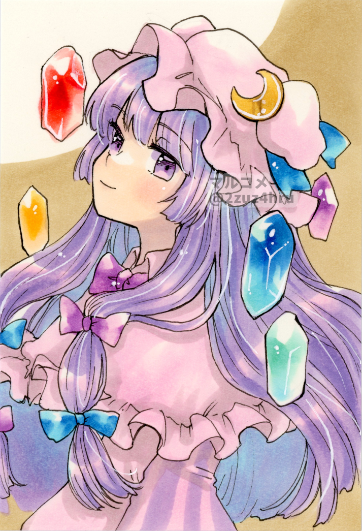 2zuz4hru blue_bow bow crescent crescent_hat_ornament crystal dress frilled_hat frilled_shirt_collar frills hair_bow hat hat_ornament hat_ribbon long_hair looking_at_viewer marker_(medium) patchouli_knowledge purple_bow purple_hair ribbon striped striped_dress touhou traditional_media violet_eyes yellow_background