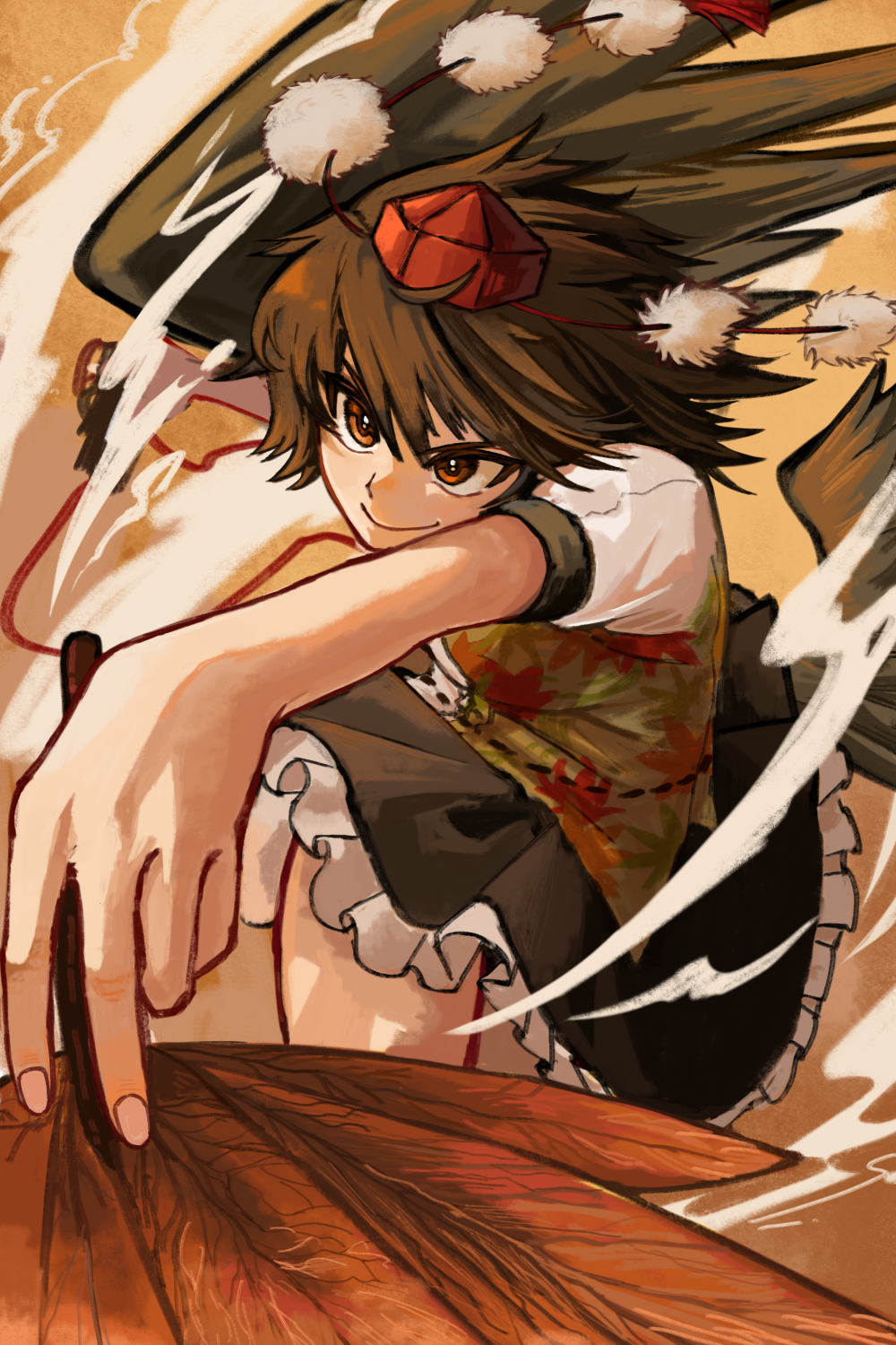 1girl bird_wings black_skirt black_wings brown_eyes brown_hair commentary_request cowboy_shot foreshortening frilled_skirt frills hand_fan hat hauchiwa highres holding holding_fan leaf_print long_hair maple_leaf_print pom_pom_(clothes) red_headwear rlwezar shameimaru_aya shirt short_sleeves skirt solo tokin_hat touhou white_shirt wings