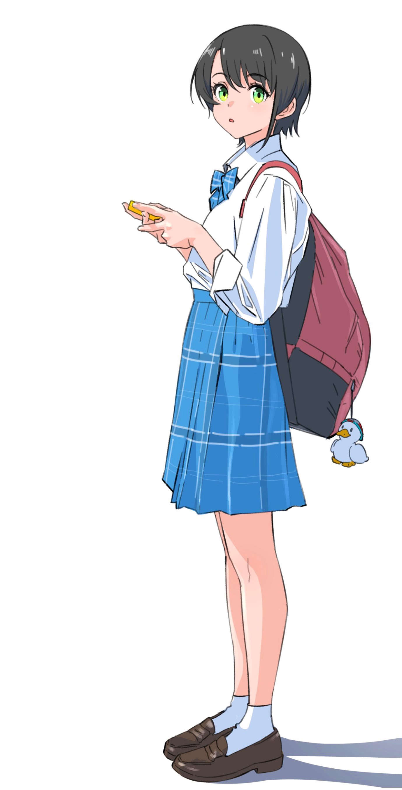1girl absurdres backpack bag bag_charm black_hair blue_skirt bow bowtie charm_(object) collared_shirt full_body green_eyes highres holding hololive loafers looking_at_viewer oozora_subaru parted_lips saitama_(antitankromeo) school_uniform shirt shoes short_hair simple_background skirt socks solo standing subaru_duck virtual_youtuber white_background white_shirt