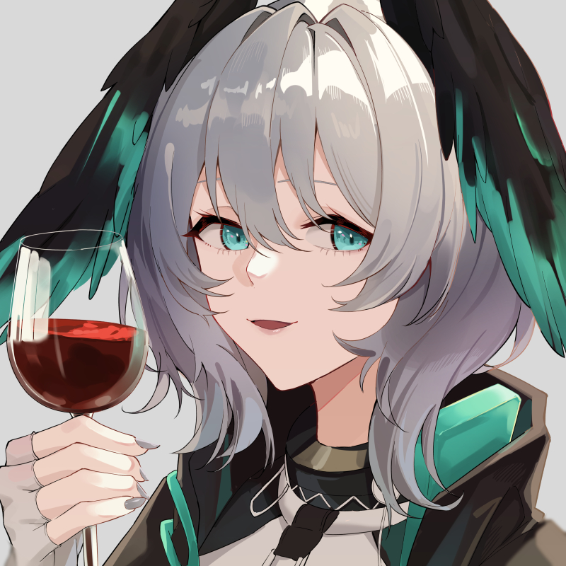 1girl :d alcohol aqua_eyes arknights commentary_request cup drinking_glass fingerless_gloves gloves grey_background grey_gloves grey_hair grey_nails head_wings ho'olheyak_(arknights) holding holding_cup looking_at_viewer motirimoti nail_polish open_mouth portrait short_hair simple_background smile solo wine wine_glass wings