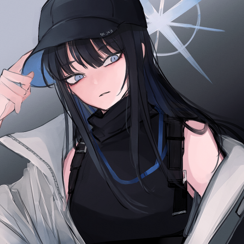 1girl black_gloves black_headwear black_mask blue_archive blue_eyes blue_hair breasts coat crop_top gloves grey_background hair_between_eyes halo hat long_hair looking_at_viewer mask mask_pull mask_removed medium_breasts midriff mouth_mask off_shoulder open_clothes open_coat saori_(blue_archive) simple_background solo upper_body user_jgdc3548