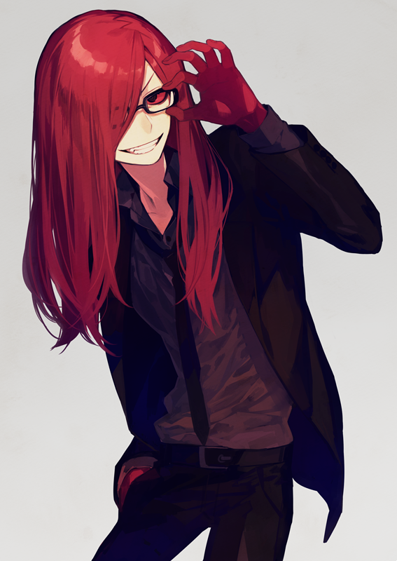 1boy alternate_costume belt carmine_(under_night_in-birth) colored_sclera glasses grin hair_over_one_eye hand_in_pocket long_hair male_focus necktie open_clothes pants red_eyes red_sclera redhead simple_background smile solo suit suzunashi teeth under_night_in-birth white_background