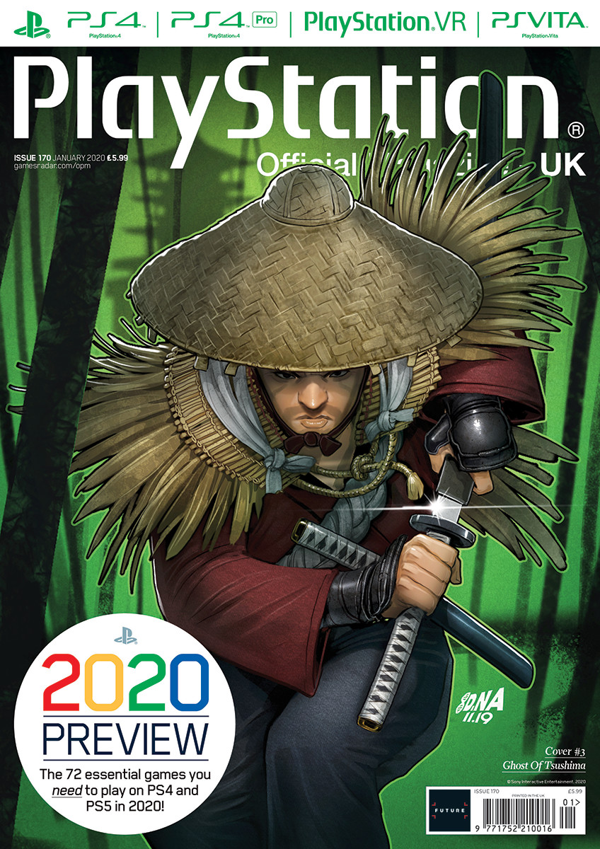 1boy 2019 architecture armor bamboo beard cover dated david_nakayama east_asian_architecture english_commentary english_text facial_hair game_console ghost_of_tsushima hat highres japan japanese_armor japanese_clothes katana magazine_(object) magazine_cover male_focus official_art official_style playstation_4 production_art promotional_art sakai_jin samurai signature sword tree video_game weapon western_comics_(style)