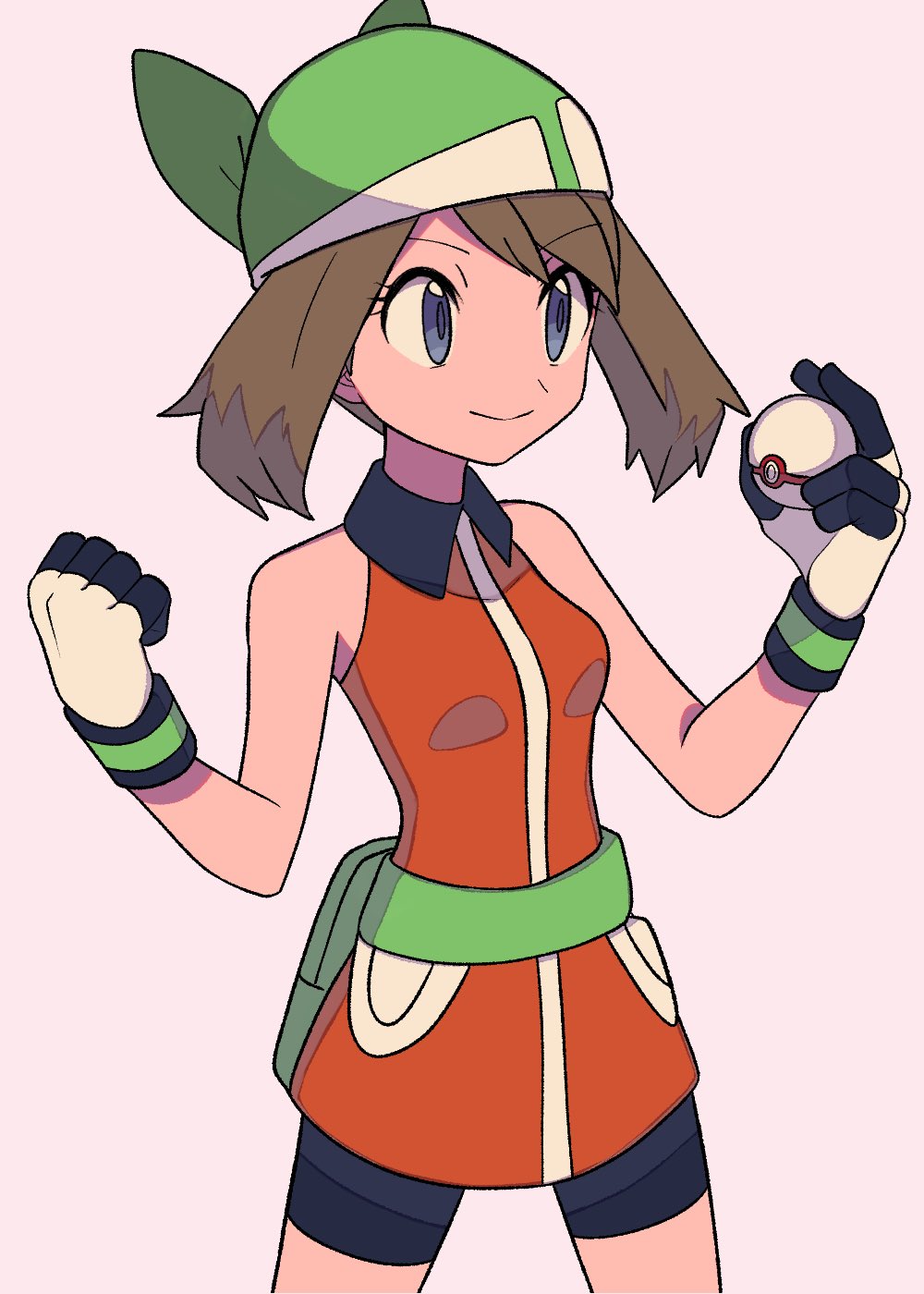 1girl bandana bare_arms bike_shorts brown_hair closed_mouth collared_dress commentary_request dress eyelashes fanny_pack gloves green_bag green_bandana grey_eyes hands_up highres holding holding_poke_ball may_(pokemon) orange_dress poke_ball pokemon pokemon_(game) pokemon_emerald pokemon_rse premier_ball smile solo tyako_089 w_arms white_gloves
