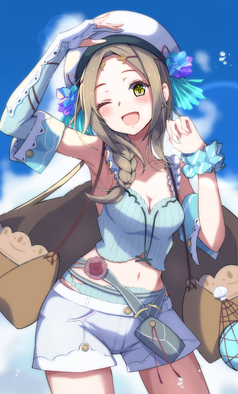 1girl arm_up armlet atelier_(series) atelier_firis backpack bag blush braid brown_bag brown_hair crop_top detached_sleeves firis_mistlud gloves green_eyes hair_ornament hand_up hat highres looking_at_viewer navel one_eye_closed open_mouth satchel shorts single_glove smile solo white_headwear yanu