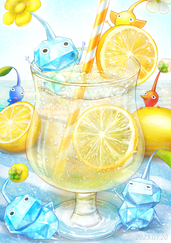 &gt;_&lt; air_bubble arms_up artist_name blue_pikmin bubble bud closed_eyes commentary_request cup dated drink drinking_glass drinking_straw flower food fruit ice_pikmin leaf lemon lemon_slice lemon_squash lemonade lying ninjya_palette no_humans o_o on_side open_mouth partially_submerged pikmin_(creature) pikmin_(series) pikmin_4 pixiv_id red_pikmin sitting triangle_mouth twitter_username watermark white_flower yellow_flower yellow_pikmin