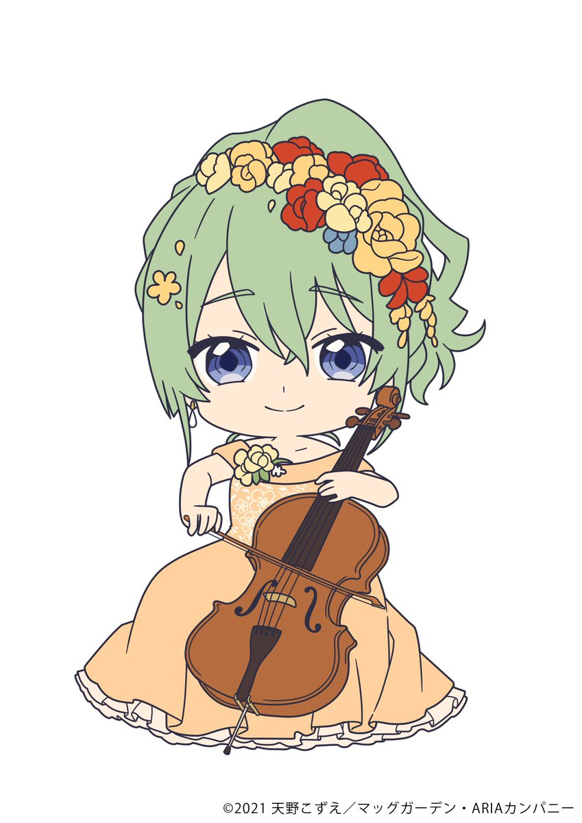 1girl alice_carroll aria blue_eyes blue_flower bow_(music) cello chibi closed_mouth copyright copyright_name dated dress eyelashes flower frilled_dress frills full_body green_hair hair_between_eyes hair_flower hair_ornament highres holding instrument looking_at_viewer music off-shoulder_dress off_shoulder official_alternate_costume official_art orange_dress orange_flower playing_instrument red_flower simple_background sitting smile solo white_background yellow_flower