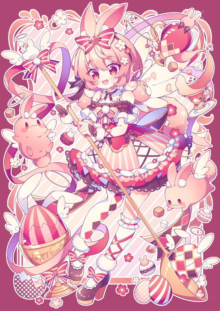 1girl animal_ears asymmetrical_legwear bow bowtie cup holding holding_spoon holding_staff hyou_(pixiv3677917) mismatched_legwear open_mouth original pink_background pink_eyes pink_hair rabbit_ears shoes short_hair smile spoon staff wings