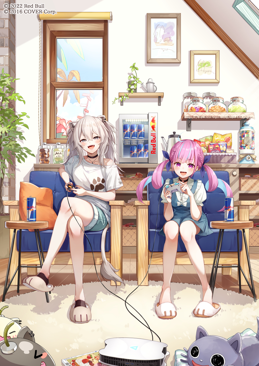 2girls ahoge animal_ear_piercing animal_ears black_choker blue_hair blue_ribbon blunt_bangs blush brat_(brabrabrat00) can cat_o-ring choker colored_inner_hair commentary_request controller copyright_name crossed_legs full_body game_console game_controller grey_eyes grey_hair hair_between_eyes hair_ribbon highres holding holding_controller holding_game_controller hololive indoors jewelry lion_ears lion_girl lion_tail long_hair looking_at_viewer minato_aqua multicolored_hair multiple_girls necklace neko_(minato_aqua) o-ring o-ring_choker official_art open_mouth pink_hair promotional_art red_bull ribbon shirt shishiro_botan short_sleeves sidelocks single_bare_shoulder sitting slippers smile streaked_hair tail teeth twintails two-tone_hair upper_teeth_only violet_eyes virtual_youtuber white_shirt window