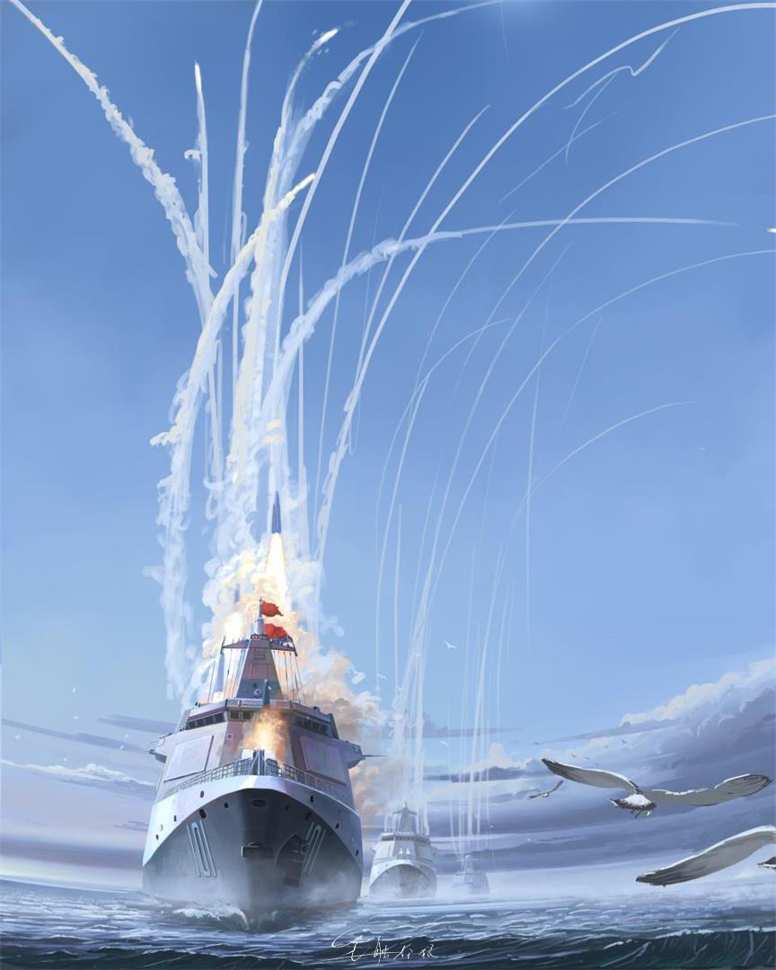 bird blue_sky china chinese_commentary clouds contrail destroyer flag flares_(countermeasure) military military_vehicle missile no_humans ocean original people's_liberation_army people's_liberation_army_navy seagull ship shouhui_lang_qun signature sky type_055_destroyer vehicle_focus vertical_launching_system_(vls) warship watercraft