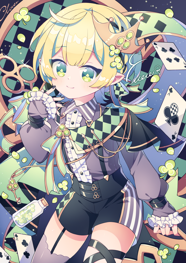 1boy ace_of_clubs blonde_hair bottle card checkered_background checkered_clothes clover club_(shape) crown elf falling_card frills green_eyes hyou_(pixiv3677917) male_focus original pointy_ears shorts thigh-highs