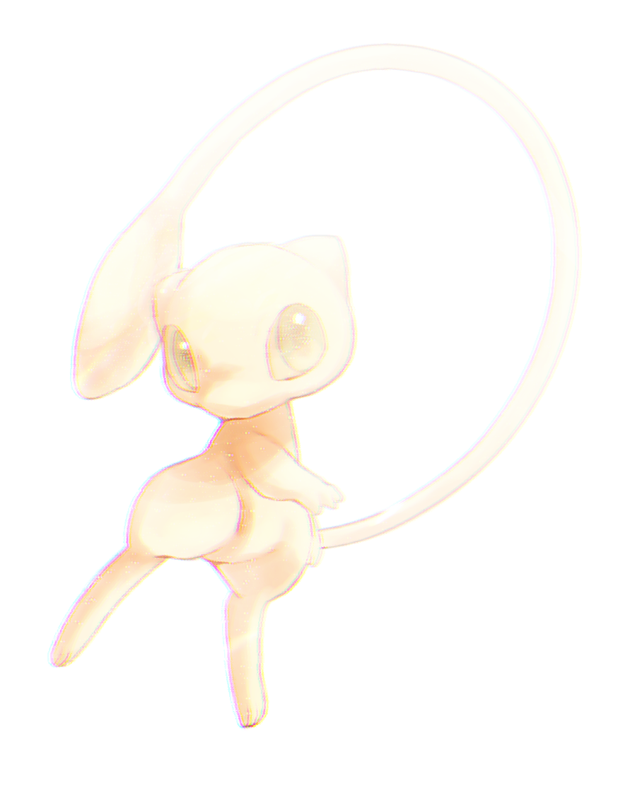 animal_focus chromatic_aberration commentary_request full_body green_eyes looking_at_viewer mew_(pokemon) no_humans partial_commentary pokemon pokemon_(creature) simple_background solo tail_raised tensaitou_tou white_background