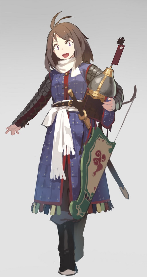 1girl :d armor belt black_footwear boots bow brigandine_armor brown_hair bumianjia china chinese_armor chinese_empire duplicate fangdan_runiu helmet holding holding_helmet medieval open_mouth original pixel-perfect_duplicate scarf sheath sheathed smile surcoat sword weapon white_scarf