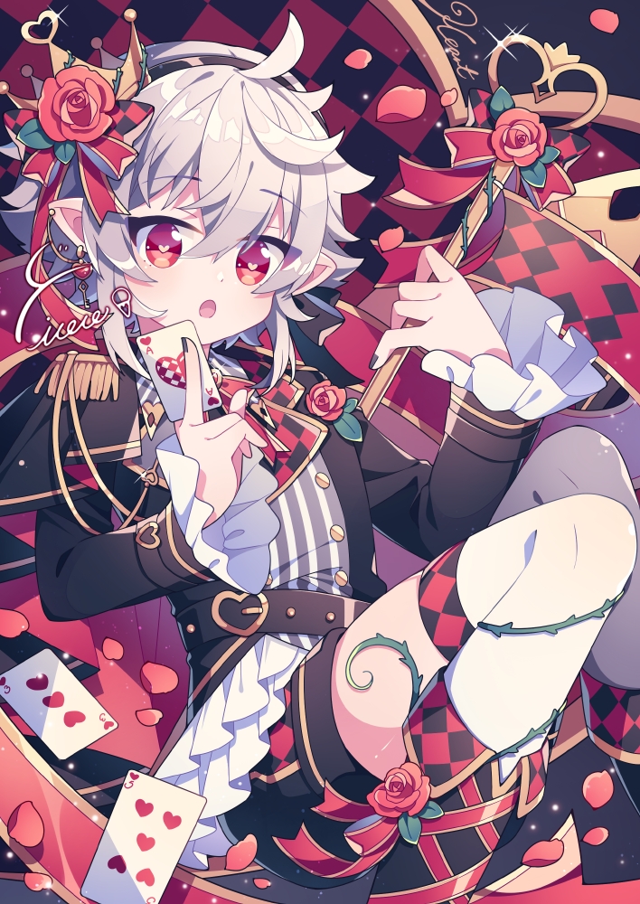 1boy belt boots card crown flower frills heart heart-shaped_pupils heart_card holding holding_staff hyou_(pixiv3677917) male_focus original plant queen_of_hearts_(alice_in_wonderland) red_eyes red_flower red_rose rose staff symbol-shaped_pupils thigh-highs vines white_hair white_thighhighs