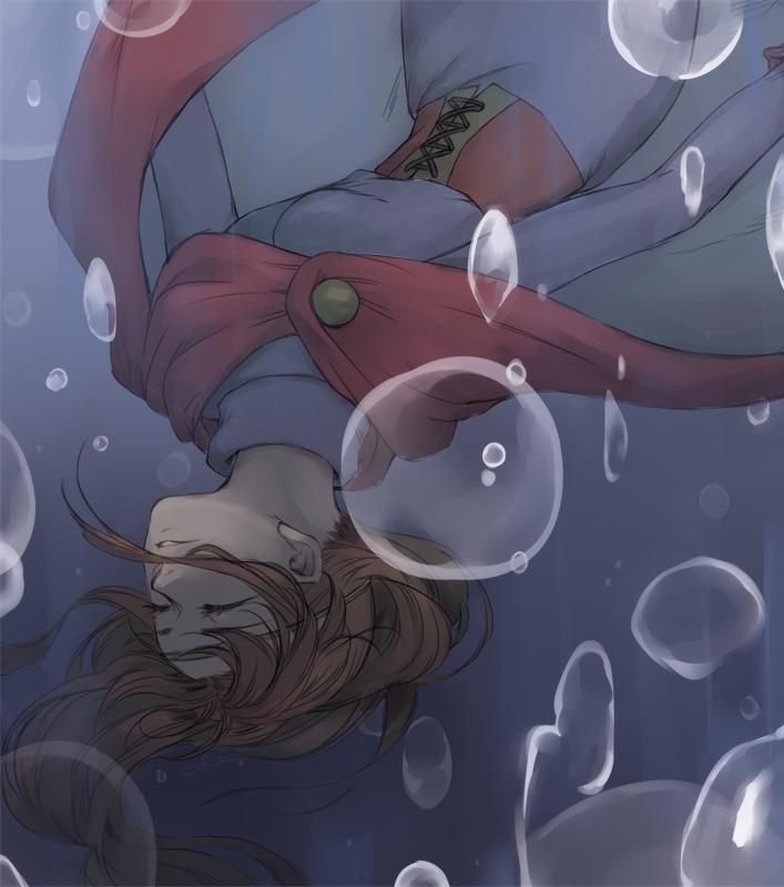 1girl breasts brown_hair bubble cape chiho-m circlet closed_eyes corset dress gensou_suikoden gensou_suikoden_i headband long_hair odessa_silverberg smile solo underwater