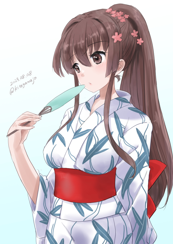 1girl alternate_costume brown_eyes brown_hair cherry_blossoms flower hair_flower hair_ornament hand_fan holding holding_fan japanese_clothes kantai_collection kimono kitagawa_mikio leaf_print long_hair one-hour_drawing_challenge paper_fan simple_background solo uchiwa upper_body white_background white_kimono yamato_(kancolle) yukata