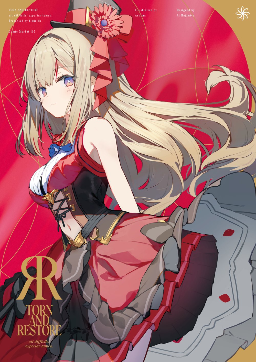 1girl arms_behind_back artist_name black_headwear blonde_hair blush breasts closed_mouth comiket_102 cover cover_page dress english_text frilled_dress frills hair_between_eyes hat highres light_blush light_smile looking_at_viewer medium_breasts navel original red_dress sidelocks sleeveless sleeveless_dress smile solo sutorora violet_eyes