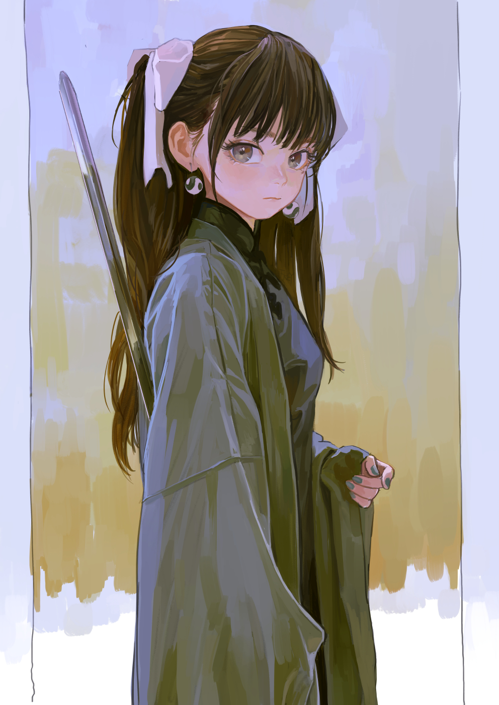 1girl black_dress blunt_bangs bow brown_eyes brown_hair china_dress chinese_clothes closed_mouth dress earrings expressionless eyeball_bracelet_girl_(fkey) eyelashes fkey gradient_background grey_jacket grey_nails hair_bow highres holding holding_sword holding_weapon jacket jewelry long_hair long_sleeves looking_at_viewer nail_polish original sidelocks simple_background sleeves_past_wrists solo sword twintails weapon white_bow yin_yang yin_yang_earrings