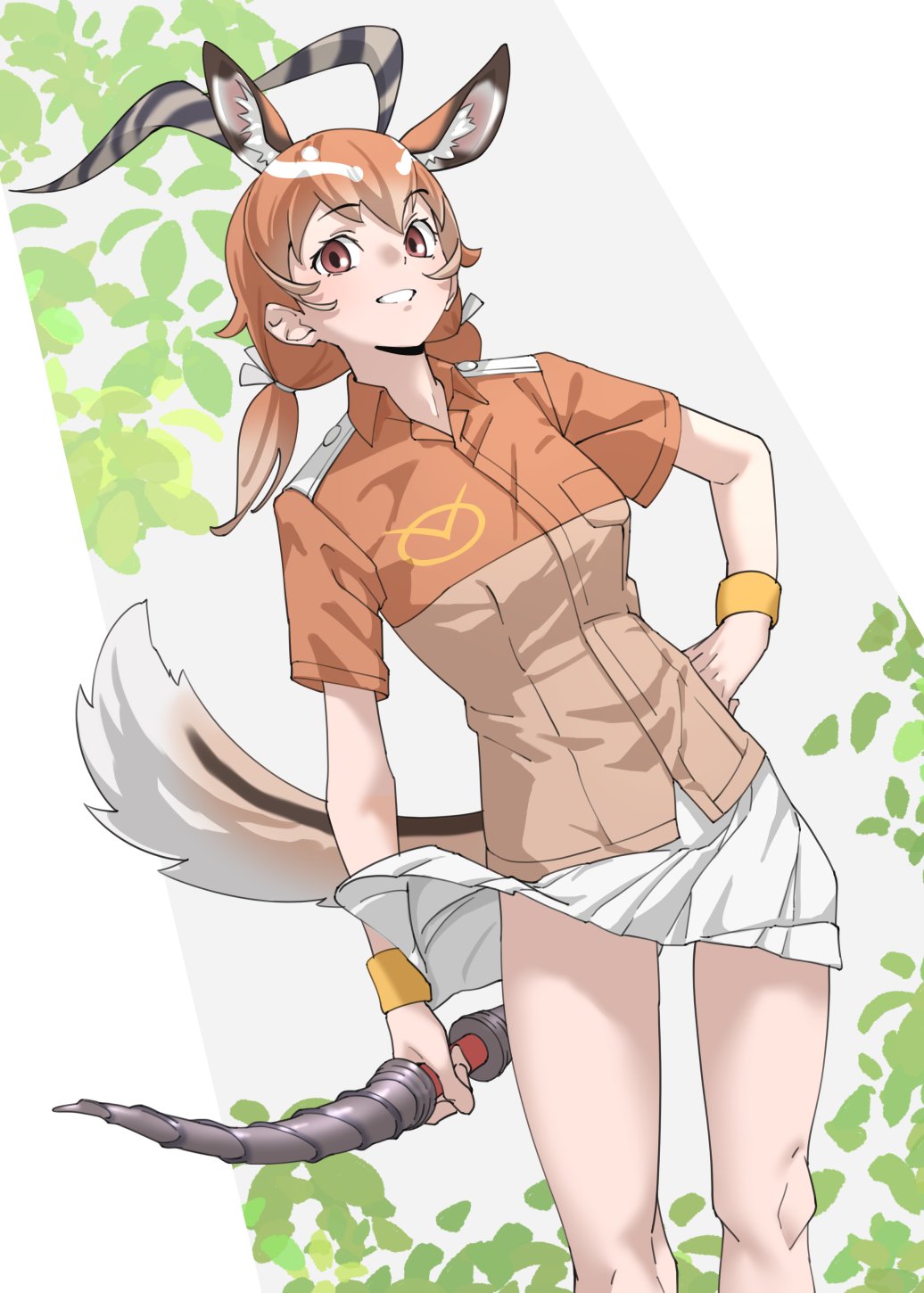 1girl blush brown_shirt collared_shirt cowboy_shot extra_ears hair_between_eyes highres horns impala_(kemono_friends) impala_ears impala_girl jacket kemono_friends light_brown_hair multicolored_hair pleated_skirt polearm safari_jacket shirt short_sleeves short_twintails skirt smile solo spear tanabe_(fueisei) twintails two-tone_shirt weapon white_skirt wristband