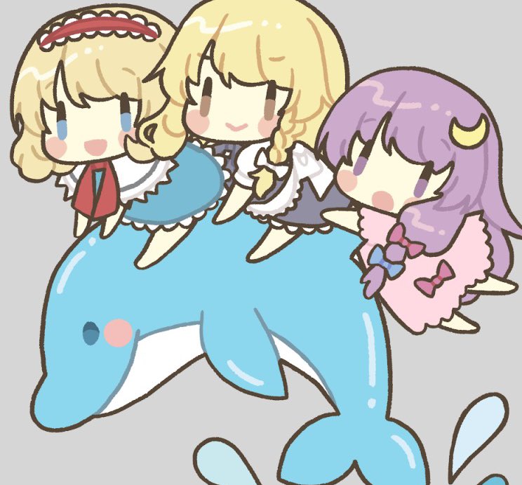 3girls :d :o alice_margatroid barefoot black_dress blonde_hair blue_bow blue_dress blue_eyes blush_stickers bow braid brown_eyes capelet chibi closed_mouth comiket_102 commentary_request crescent crescent_hair_ornament dolphin dress dress_bow frilled_dress frilled_hairband frills grey_background hair_bow hair_ornament hairband kagome_f kirisame_marisa long_hair multiple_girls neck_ribbon no_headwear open_mouth patchouli_knowledge pink_dress purple_hair red_bow red_hairband red_ribbon ribbon riding short_hair simple_background smile touhou white_bow