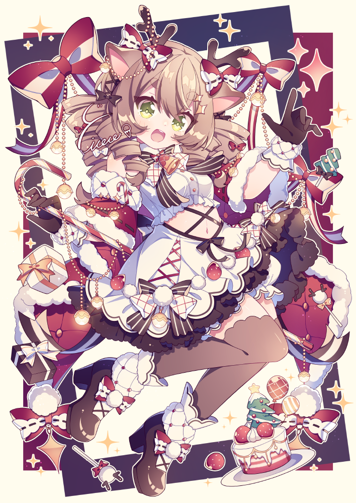 1girl antlers bow bowtie box brown_hair cake christmas curly_hair floating food gift gloves high_heels hyou_(pixiv3677917) navel original plate reindeer_antlers star_(symbol) thigh-highs winter_clothes yellow_eyes