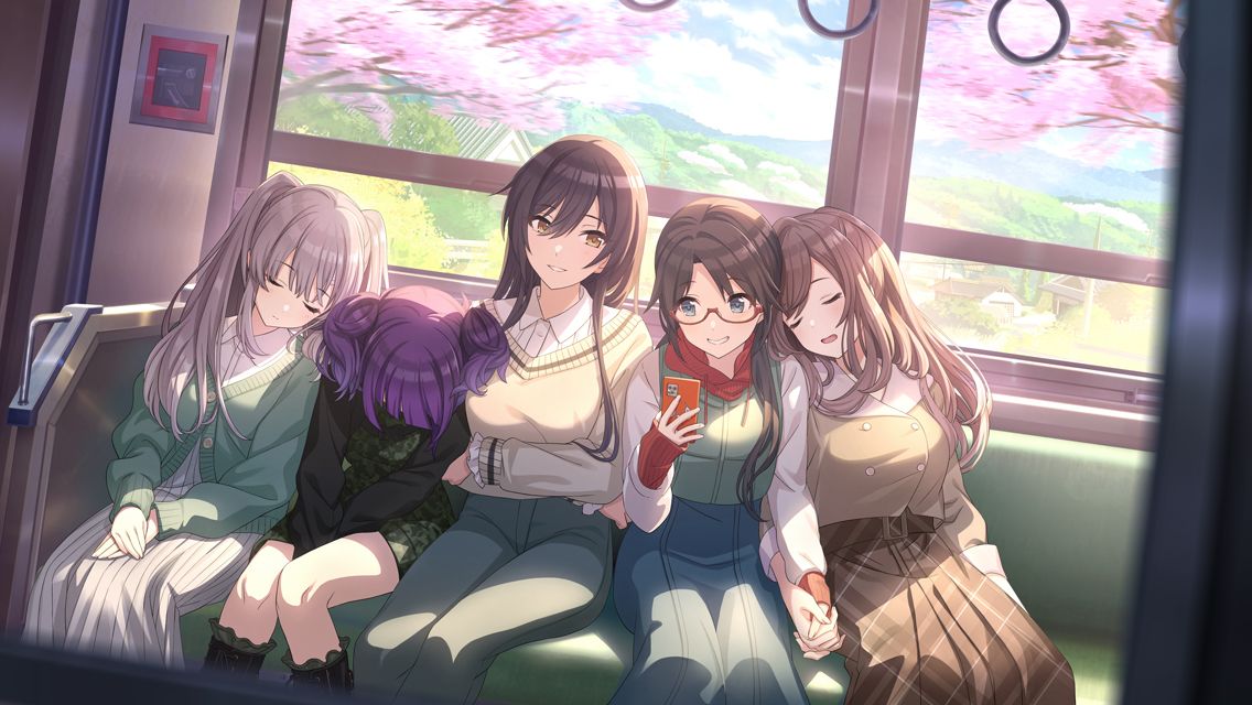 5girls between_legs black_shirt blue_eyes blue_pants blunt_bangs blurry blurry_foreground blush boots breasts brown_hair brown_skirt buttons camouflage cardigan cherry_blossoms closed_eyes clouds collared_shirt commentary day denim double-breasted dress feet_out_of_frame game_cg glasses green_cardigan green_dress grey_hair grey_skirt grin hair_between_eyes hand_between_legs hands_on_lap head_down holding_hands hood hoodie idolmaster idolmaster_shiny_colors jeans knees_together_feet_apart l'antica_(idolmaster) large_breasts long_hair long_skirt low_twintails mitsumine_yuika multiple_girls official_art pants plaid plaid_skirt purple_hair red-framed_eyewear semi-rimless_eyewear shirase_sakuya shirt shirt_tucked_in short_twintails sitting skirt sleeping sleeping_on_person small_breasts smile sweater tanaka_mamimi train_interior tsukioka_kogane twintails u_u under-rim_eyewear wavy_mouth white_shirt window yellow_eyes yellow_sweater yukoku_kiriko