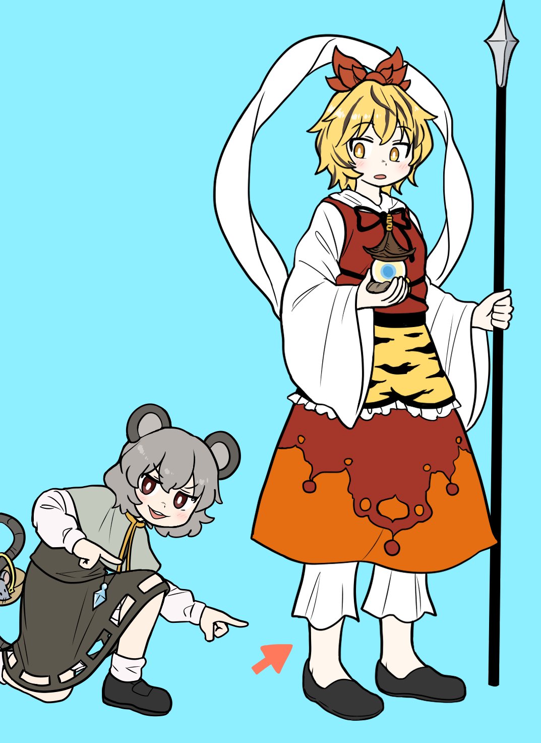 2girls animal_ears animal_print arrow_(symbol) basket belt bishamonten's_pagoda bishamonten's_spear black_belt black_footwear black_hair black_ribbon blonde_hair blue_background blush breasts bright_pupils bseibutsu commentary_request crystal full_body grey_hair grey_skirt grey_vest hair_ornament highres holding holding_polearm holding_weapon jewelry layered_clothes long_sleeves looking_at_another looking_at_viewer medium_bangs mouse mouse_ears mouse_girl mouse_tail multicolored_hair multiple_girls nazrin neck_ribbon on_one_knee open_mouth orange_skirt pendant pointing polearm red_eyes red_vest ribbon shawl shirt shoes short_hair simple_background skirt skirt_set small_breasts smile socks standing streaked_hair tail tiger_print toramaru_shou touhou two-tone_hair vest weapon white_pupils white_shirt wide_sleeves yellow_eyes