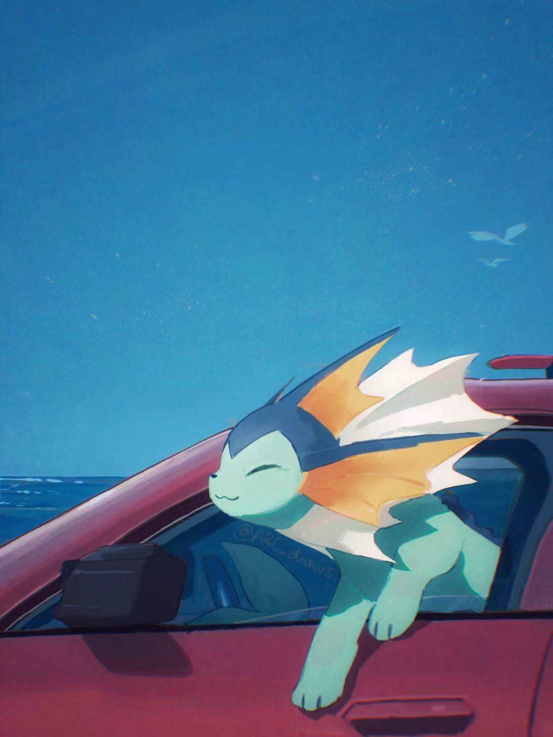 arc_draws artist_name bird blue_skin blue_sky car clear_sky closed_eyes colored_skin day driving highres motor_vehicle no_humans outdoors pokemon pokemon_(creature) sky smile twitter_username vaporeon water