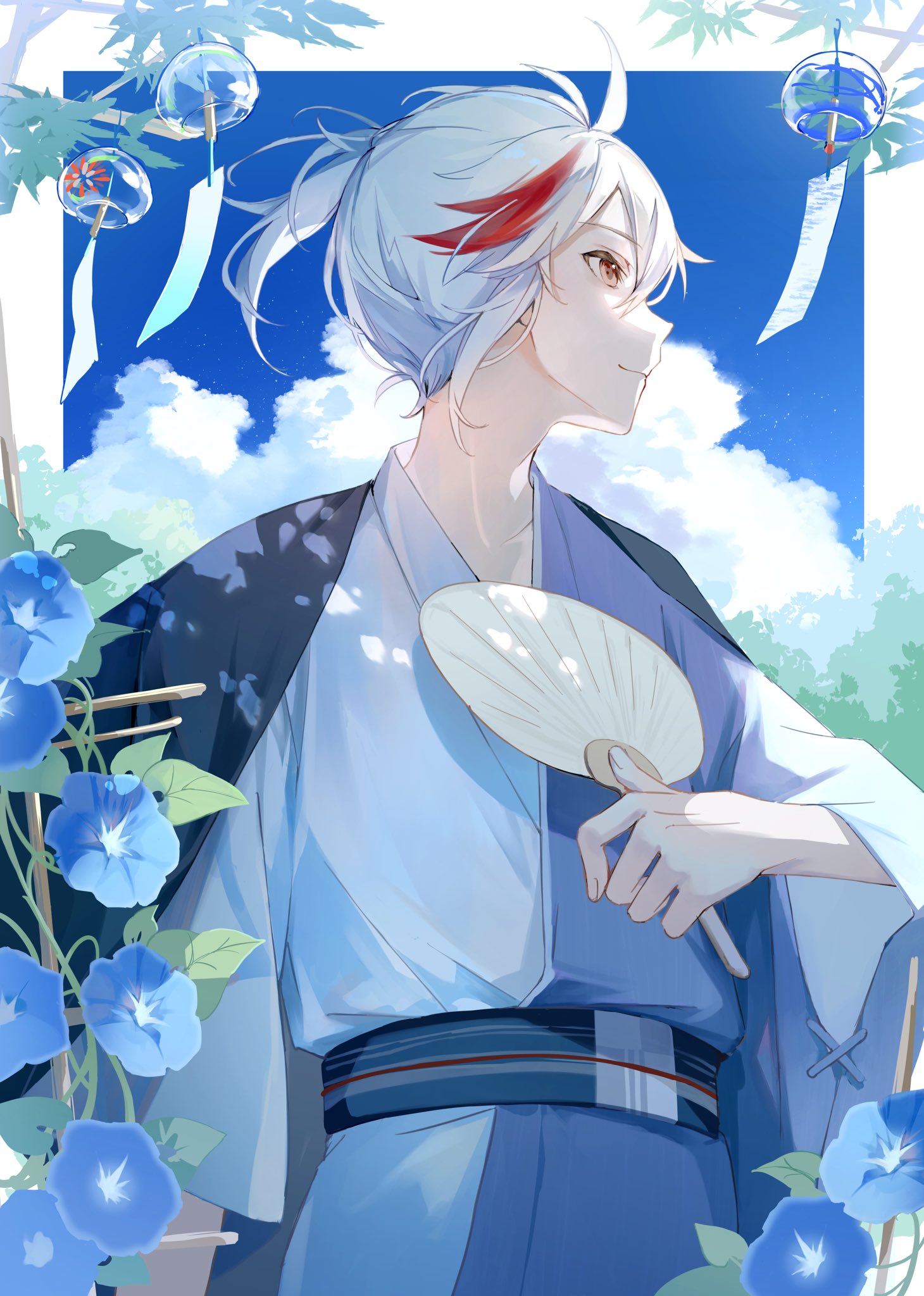 1boy antenna_hair black_jacket blue_flower blue_kimono blue_sash blue_sky border branch closed_mouth clouds commentary_request day flower genshin_impact hair_between_eyes hand_fan hand_up haori haru_same322 high_ponytail highres holding holding_fan jacket jacket_on_shoulders japanese_clothes kaedehara_kazuha kimono long_sleeves looking_to_the_side male_focus morning_glory multicolored_hair obi outside_border paper_fan plant ponytail profile red_eyes redhead sash sidelocks sky smile solo streaked_hair uchiwa vines white_border white_hair wide_sleeves wind_chime