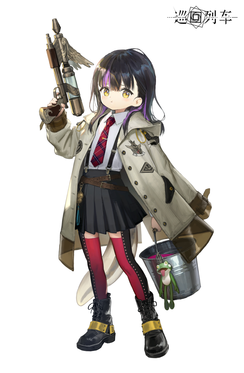 1girl :t affinity_line black_footwear black_hair black_skirt boots brown_coat bucket closed_mouth coat coat_on_shoulders collared_shirt dress_shirt eleanor_(affinity_line) full_body gun hair_over_shoulder highres holding holding_bucket holding_gun holding_weapon hood hood_down hooded_coat long_hair long_sleeves miniskirt multicolored_hair necktie official_art open_clothes open_coat plaid_necktie pleated_skirt purple_hair red_necktie red_thighhighs shirt sho_(sho_lwlw) simple_background skirt solo streaked_hair stuffed_animal stuffed_frog stuffed_toy suspender_skirt suspenders tachi-e thigh-highs tie_clip weapon white_background white_shirt yellow_eyes