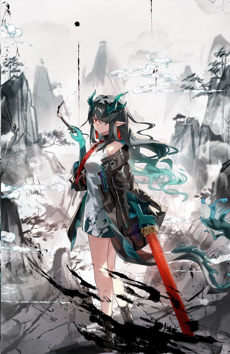 1girl arknights black_footwear black_hair black_jacket boots breasts calligraphy_brush cleavage_cutout closed_mouth clothing_cutout clouds colored_skin dragon_girl dragon_horns dragon_tail dress dusk_(arknights) earrings full_body grape_(pixiv27523889) green_jacket hair_over_one_eye holding holding_calligraphy_brush holding_sword holding_weapon horns ink ink_stain jacket jewelry long_hair looking_at_viewer medium_breasts mountain necktie paintbrush pointy_ears red_eyes red_necktie solo standing sword tail tassel tassel_earrings thighs very_long_hair wavy_hair weapon white_dress