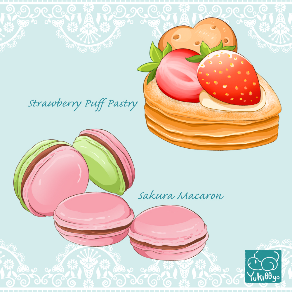 artist_logo artist_name blue_background commentary_request dessert english_text food food_focus food_name fruit heart-shaped_food macaron no_humans original pastry romaji_text signature still_life strawberry yuki00yo