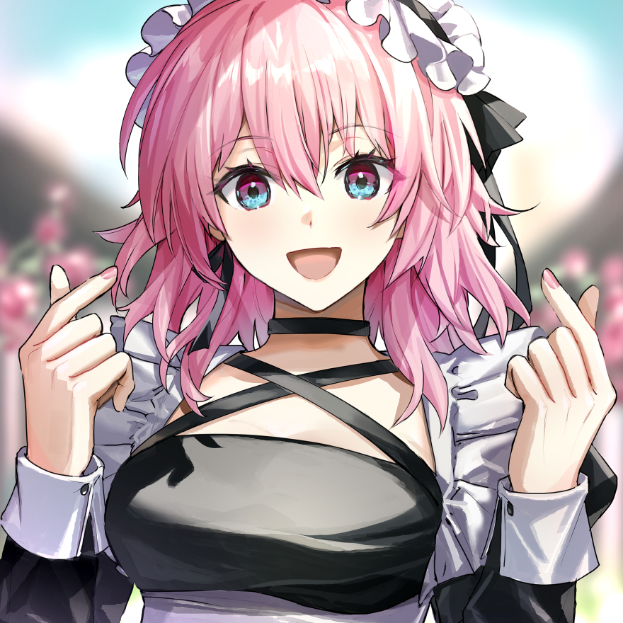 1girl :d alternate_costume blue_eyes blurry blurry_background breasts criss-cross_halter daenarys depth_of_field double_finger_heart earrings english_commentary hair_between_eyes halterneck hands_up honkai:_star_rail honkai_(series) jewelry long_sleeves looking_at_viewer maid maid_headdress march_7th_(honkai:_star_rail) medium_breasts medium_hair nail_polish open_mouth pink_eyes pink_hair single_earring smile solo two-tone_eyes upper_body
