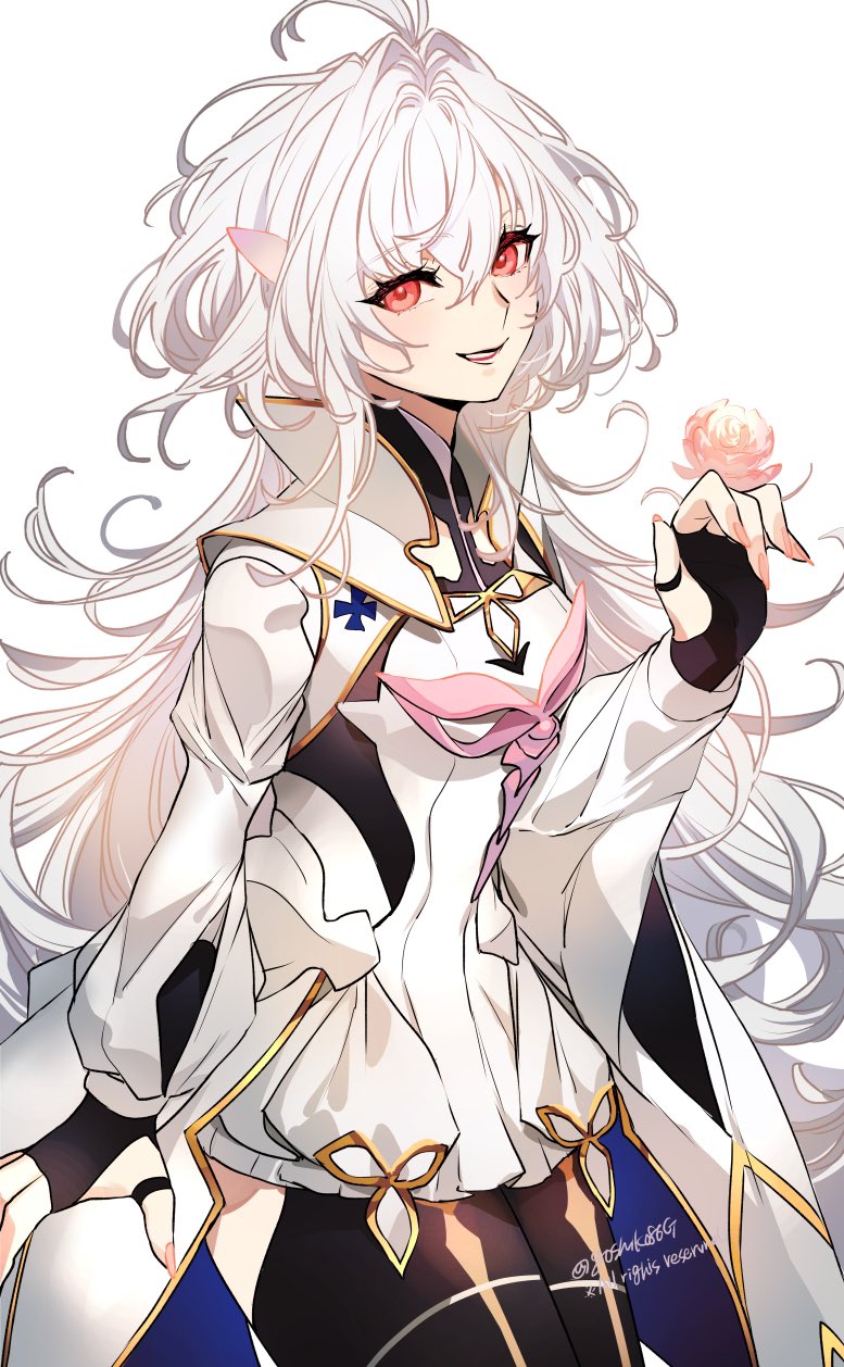 1girl antenna_hair commentary_request fate/grand_order fate/prototype fate_(series) fingernails flower goshiko86g hair_between_eyes hair_intakes highres long_hair looking_at_viewer merlin_(fate/prototype) pink_eyes pink_flower pink_nails robe simple_background smile solo very_long_hair white_background white_hair white_robe