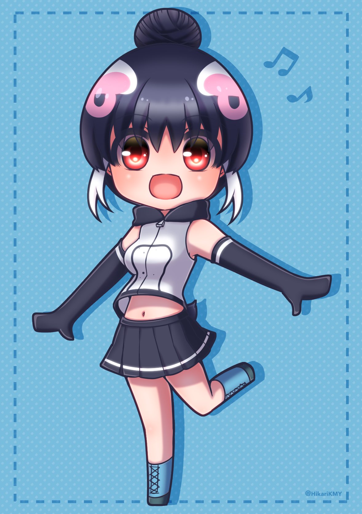 1girl african_penguin_(kemono_friends) bare_shoulders black_hair blue_background boots elbow_gloves gloves highres hikarikmy hood hoodie kemono_friends kemono_friends_v_project long_hair looking_at_viewer multicolored_hair navel open_mouth penguin_girl penguin_tail pink_hair red_eyes simple_background skirt solo tail virtual_youtuber white_hair