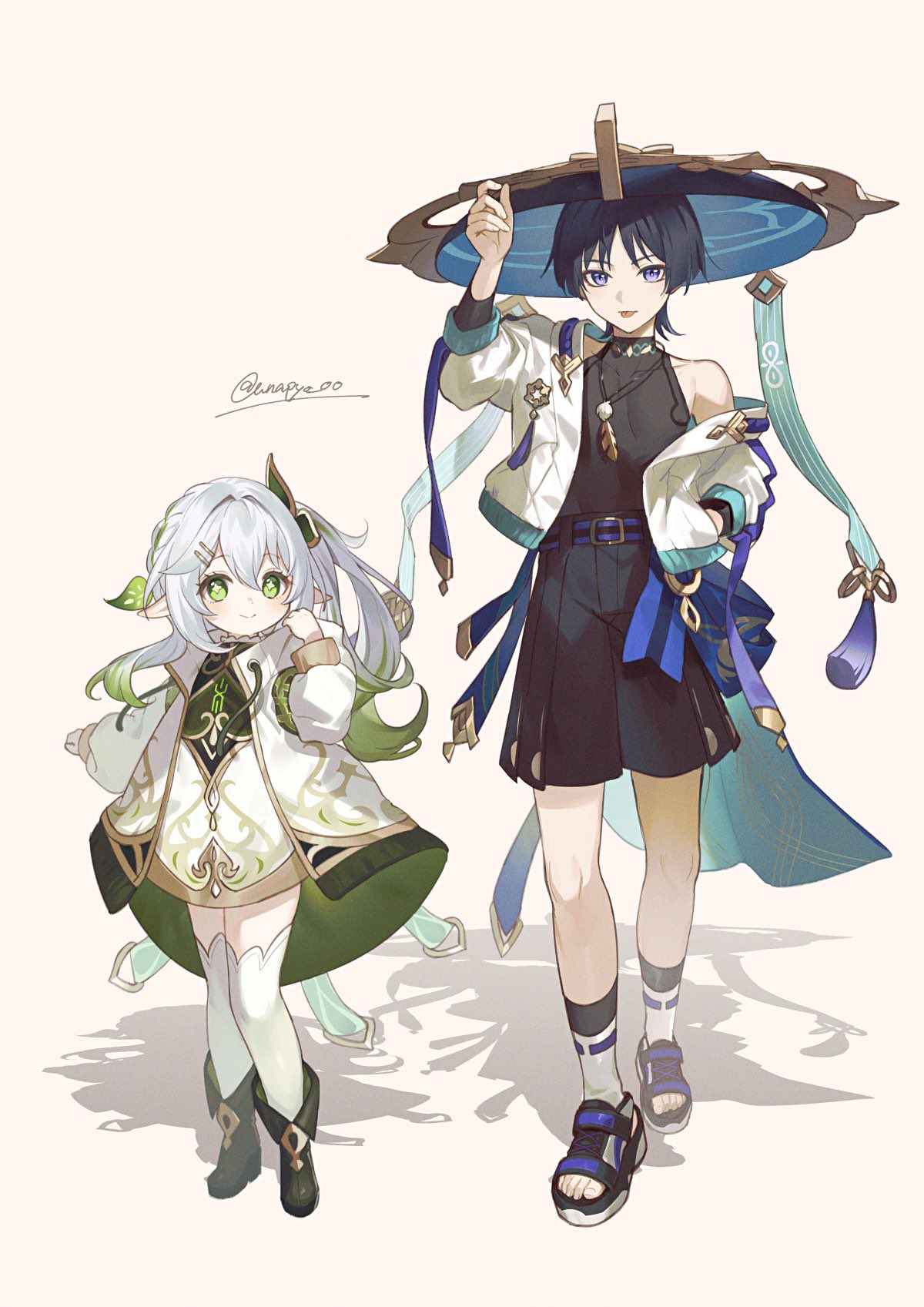 1boy 1girl black_hair boots dress full_body genshin_impact green_eyes green_hair grey_background hair_ornament hairclip hat highres jacket japanese_clothes jewelry jingasa long_hair long_sleeves looking_at_viewer nahida_(genshin_impact) necklace off_shoulder ponytail sandals scaramouche_(genshin_impact) shadow side_ponytail simple_background socks standing thigh-highs tongue tongue_out twitter_username unapoppo violet_eyes wanderer_(genshin_impact) white_dress white_hair white_thighhighs
