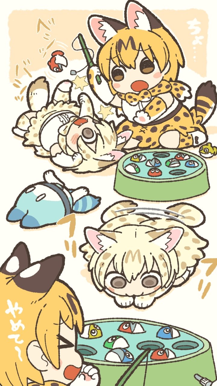 &gt;_&lt; 2girls :3 animal_ears blonde_hair blush bow bowtie brown_eyes chibi closed_eyes commentary_request elbow_gloves extra_ears fish fishing_rod full_body gloves highres holding holding_fishing_rod hunting kemono_friends kemono_friends_3 kuro_shiro_(kuro96siro46) lucky_beast_(kemono_friends) lying multicolored_hair multiple_girls multiple_views on_back on_stomach open_mouth orange_bow orange_bowtie playing print_bow print_bowtie print_gloves print_skirt serval_(kemono_friends) serval_print shirt short_hair skirt sleeveless sleeveless_shirt smile star_(symbol) striped_tail tail tail_wagging toy white_serval_(kemono_friends) white_shirt
