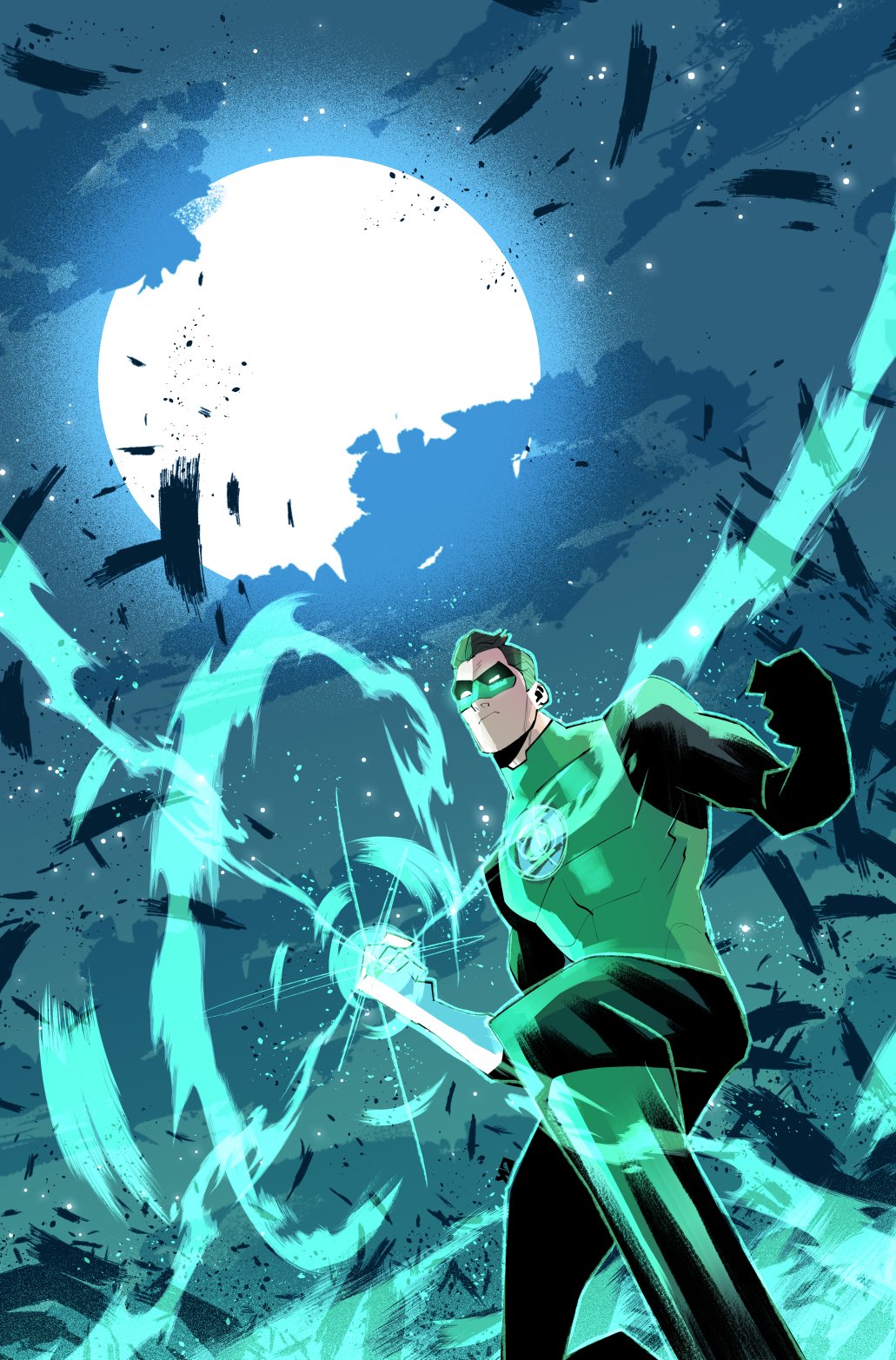 1boy bodysuit clouds cloudy_sky commentary damaged dc_comics debris dust energy english_commentary full_moon george_kambadais gloves glowing green_bodysuit green_lantern green_lantern_(series) highres male_focus mask moon muscular muscular_male night outdoors rubble ruins science_fiction short_hair sky