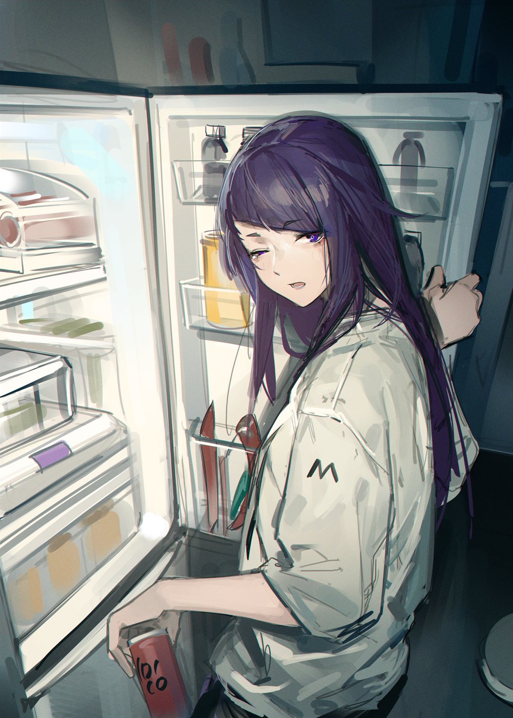 1girl can highres holding holding_can idolmaster idolmaster_shiny_colors long_hair looking_at_viewer one_eye_closed open_mouth purple_hair refrigerator solo tanaka_mamimi violet_eyes zhili_xingzou