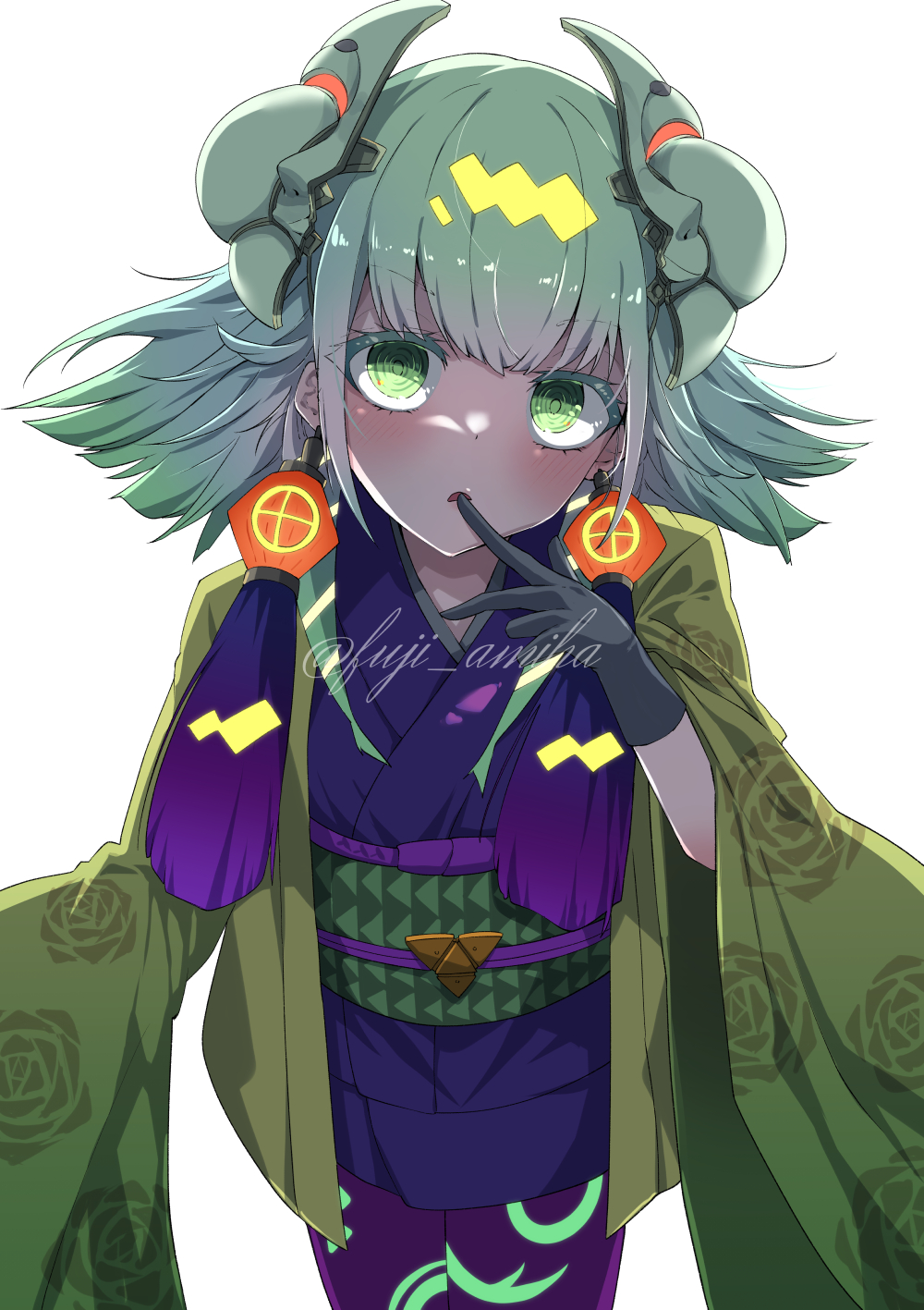 1other ambiguous_gender blonde_hair duel_monster ear_ornament earrings fuji_amiha gloves green_eyes green_hair highres horns japanese_clothes jewelry kimono long_sleeves noh-p.u.n.k._ze_amin pantyhose purple_pantyhose short_kimono solo very_long_sleeves yu-gi-oh!