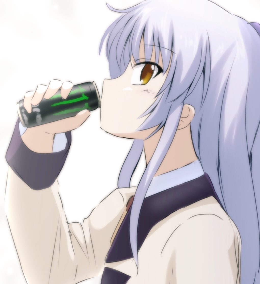 1girl angel_beats! can close-up commentary_request drinking eyes_visible_through_hair from_side hair_between_eyes hand_up holding holding_can jacket lelie_(lelie_link) light_blush long_hair long_sleeves looking_at_viewer monster_energy multicolored_hair profile school_uniform sidelocks sideways_glance simple_background solo streaked_hair tachibana_kanade white_background white_hair yellow_eyes yellow_jacket
