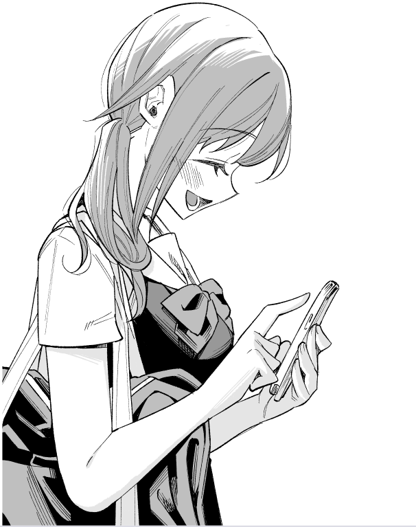 1girl bag borrowed_character breasts cellphone closed_eyes from_side greyscale holding holding_phone kimi_ni_aisarete_itakatta medium_breasts monochrome open_mouth phone ponytail profile school_bag school_uniform shiori_(moechin) smartphone smile solo upper_body