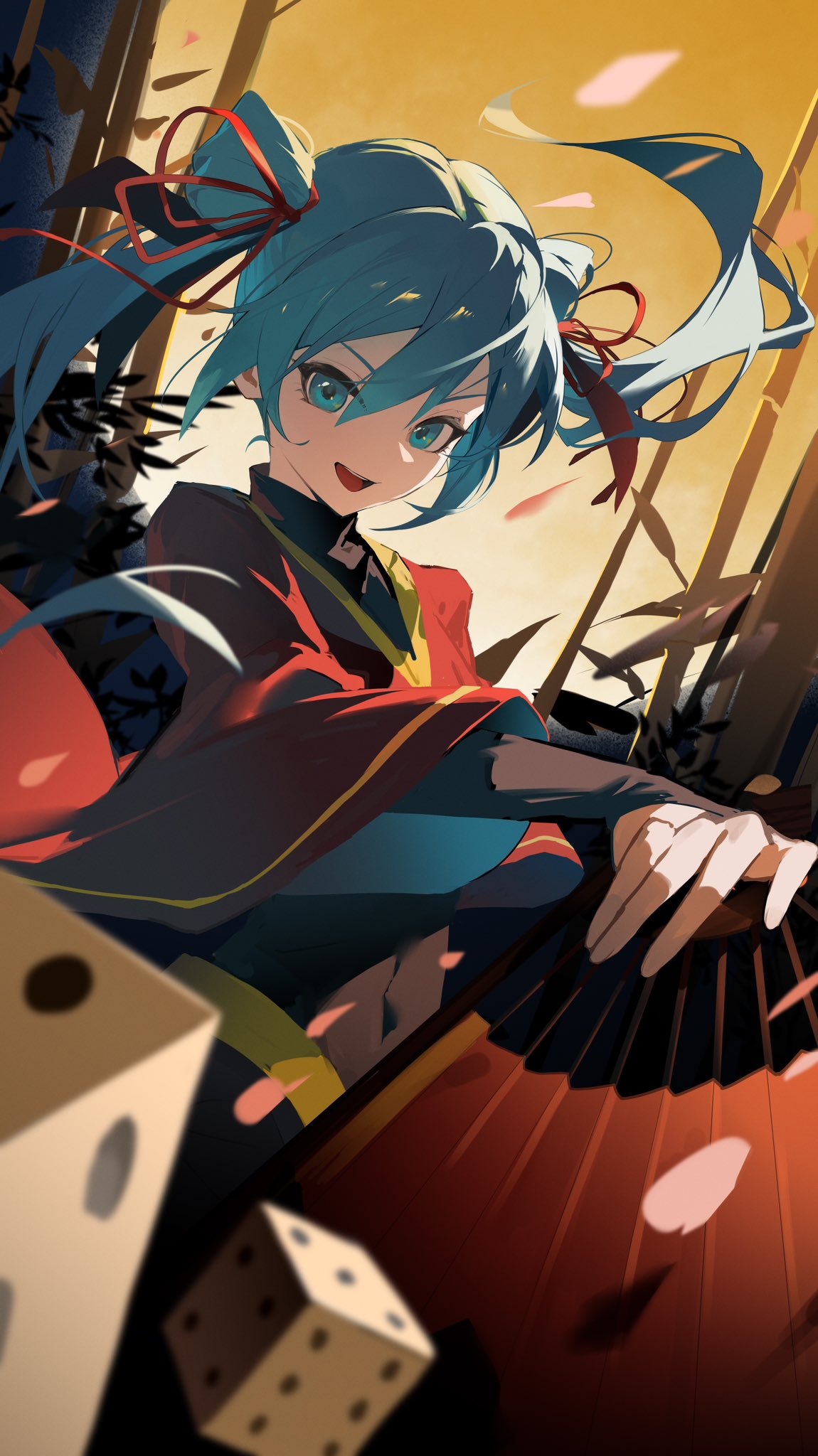 1girl aqua_eyes aqua_hair black_gloves covered_navel dice fingerless_gloves gloves hair_between_eyes hair_ribbon hand_fan hatsune_miku highres holding holding_fan japanese_clothes jiu_ye_sang leaf long_hair long_sleeves looking_at_viewer open_mouth outdoors petals red_petals red_ribbon ribbon sidelocks sky smile solo teeth twintails upper_teeth_only very_long_hair vocaloid yellow_sky