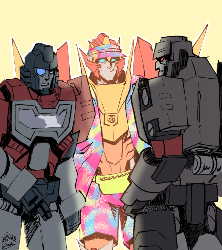 autobot barbenheimer_(meme) barbie_(franchise) barbie_(live_action) bilonic blue_eyes clothed_robot cosplay crossdressing crossover decepticon english_commentary fanny_pack femboy ken_(barbie) ken_(barbie)_(cosplay) looking_at_viewer mecha megatron megatron_(idw) meme open_clothes open_shirt oppenheimer_(movie) parted_lips perceptor_(transformers) pink_shirt pink_shorts red_eyes robot rodimus shirt shorts smile the_transformers_(idw) transformers visor_cap yellow_background